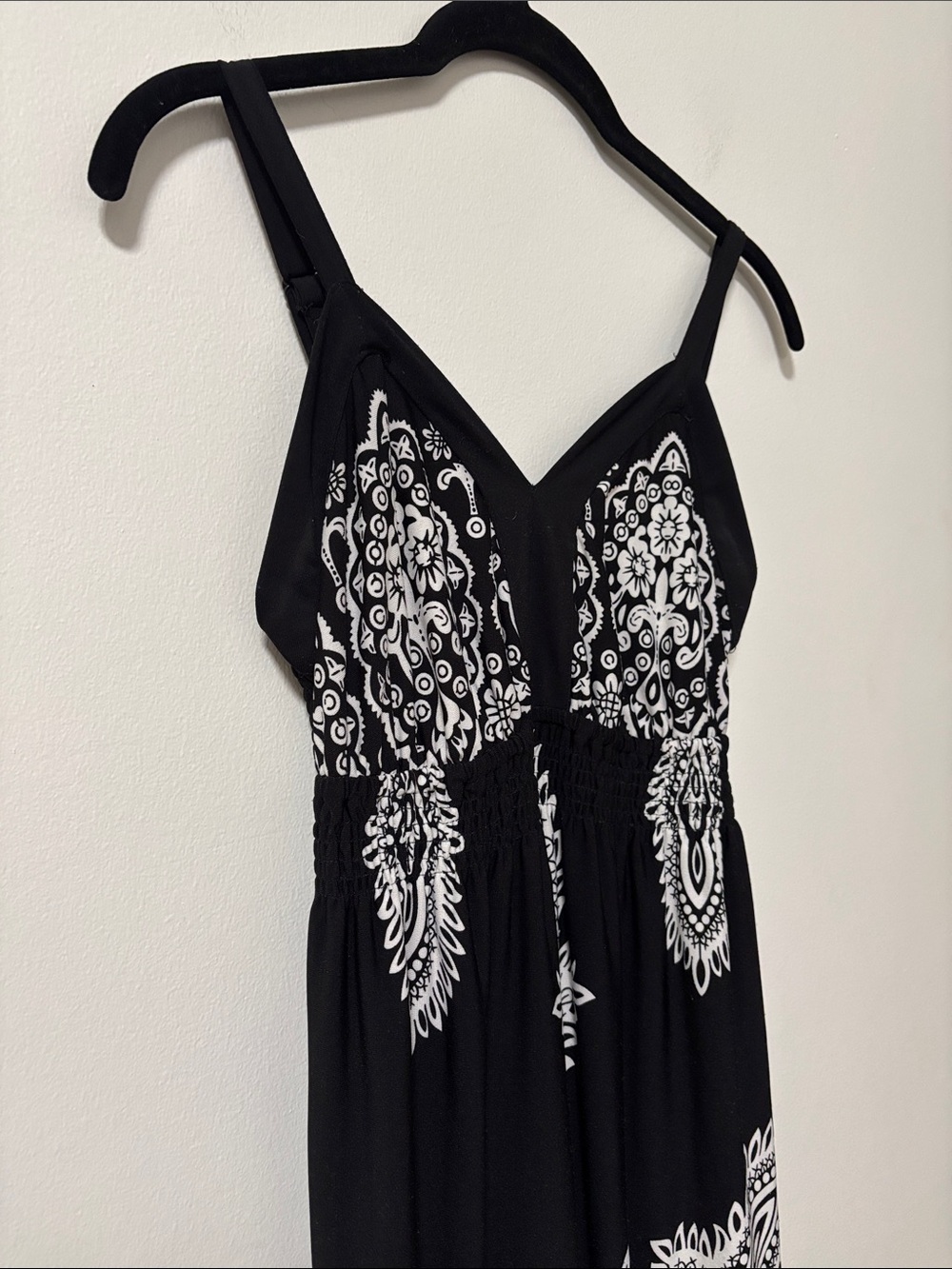 Point Zero (S) Black Midi Dress White Paisley Print White Smocking Sundress - Picture 3 of 14